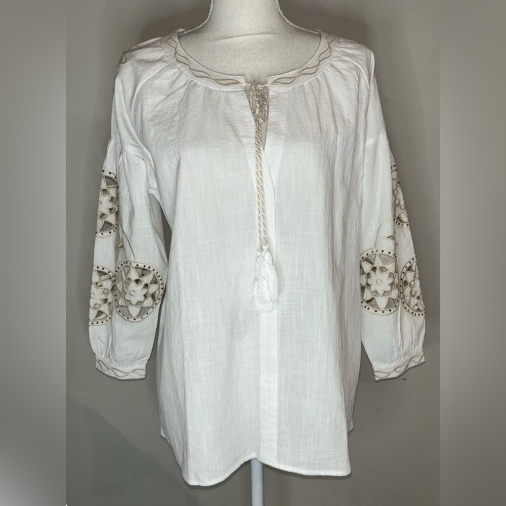 Anthropologie RD & Koko Oversized Embroidered Linen Top Blouse White/Tan Sz S